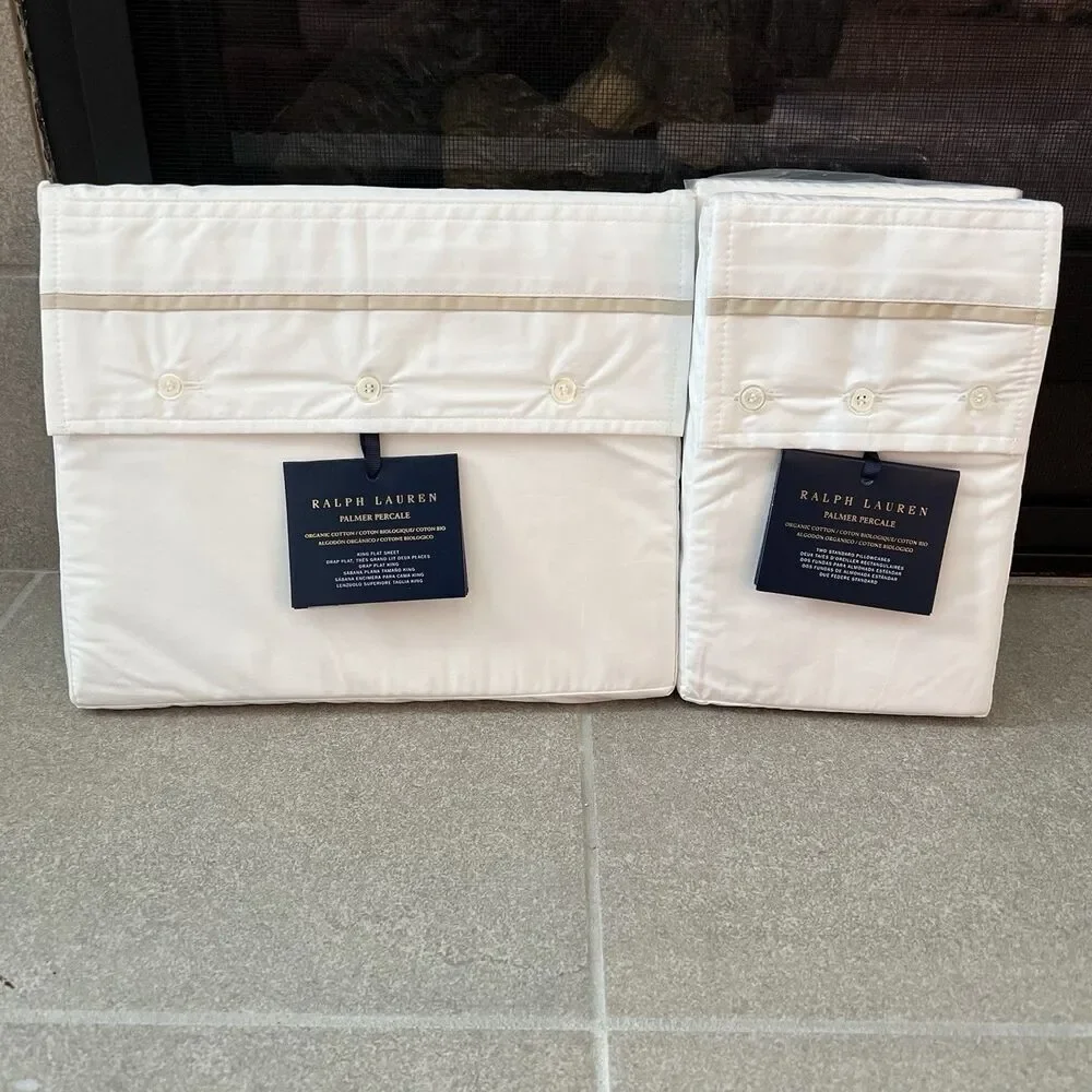 Ralph Lauren King Flat Sheet Stand Pillow Case Organic Cotton Palmer Sand Dune